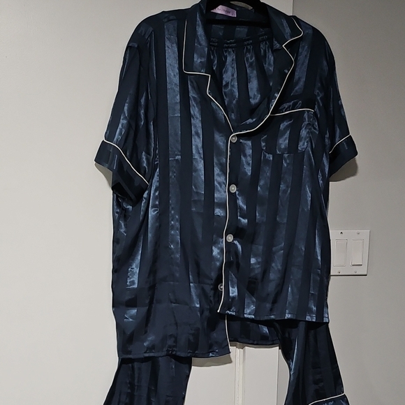 Navy Satin Pajama Set with White Trim - Picture 1 of 4